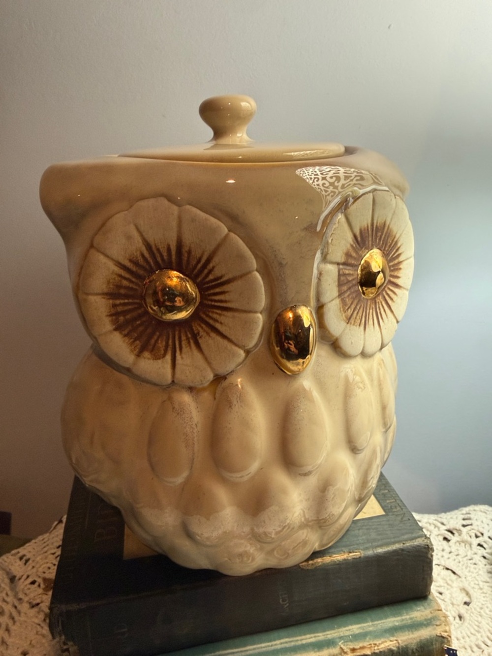 Cost Plus World Market Cream Ceramic Owl Jar with Gold Accents
